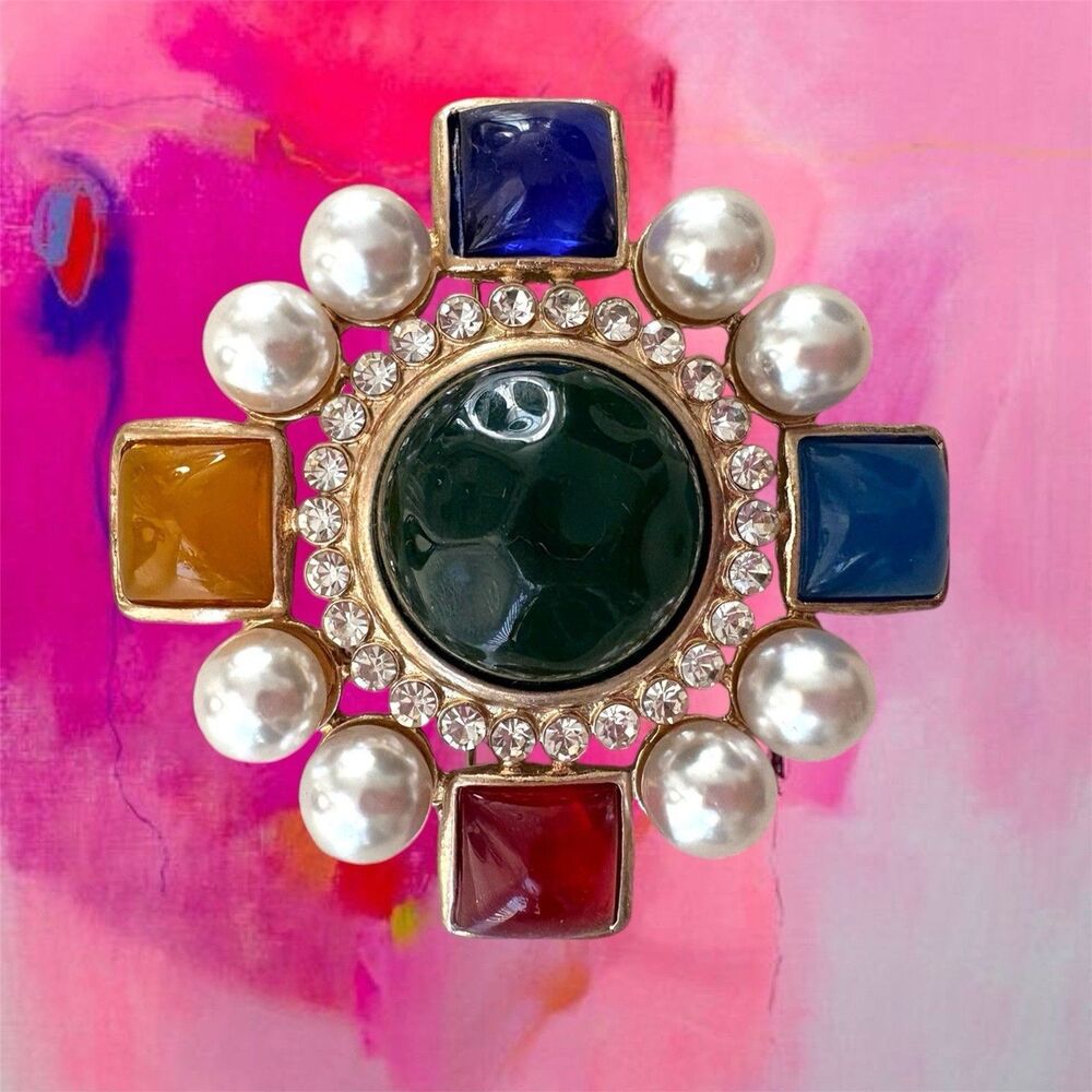 Colorful Jelly Glass Gold Pearl Rhinestone Brooch